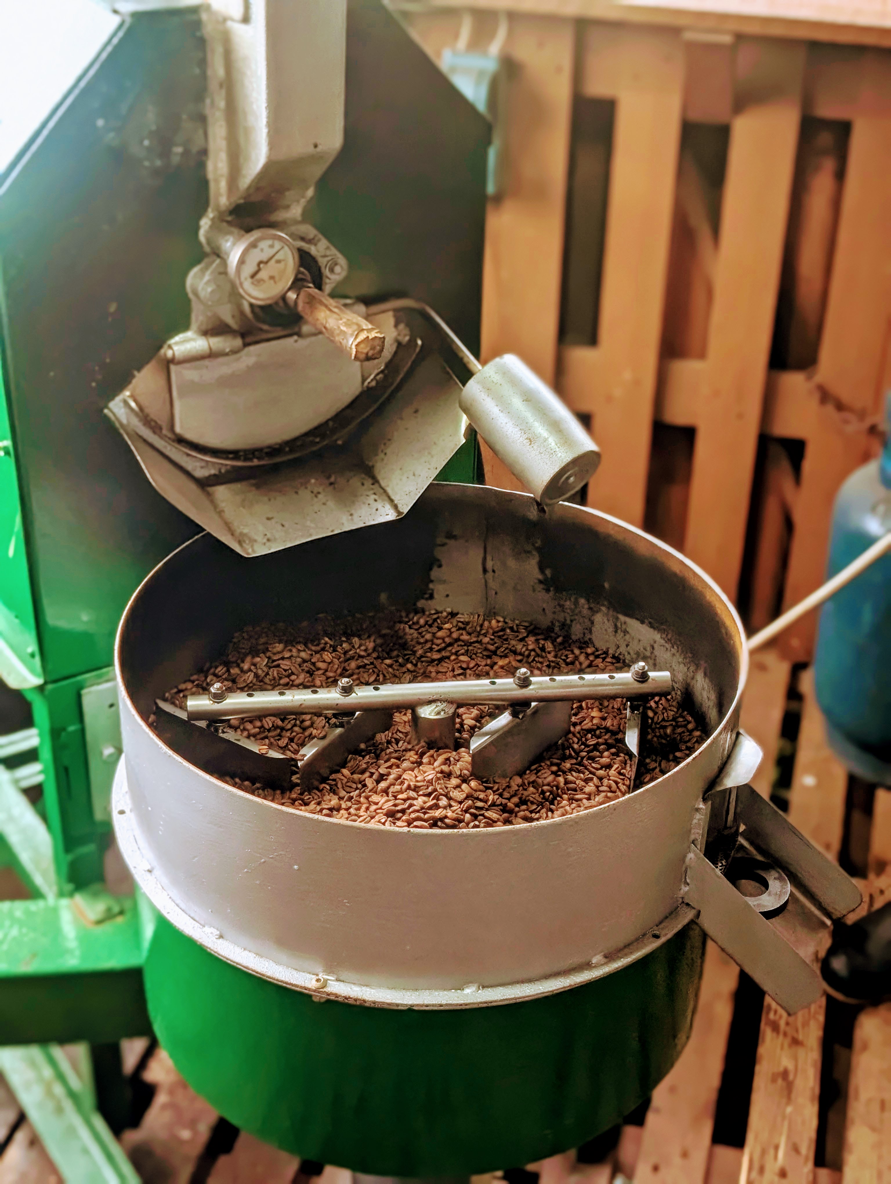 Coffee beans in a barrel